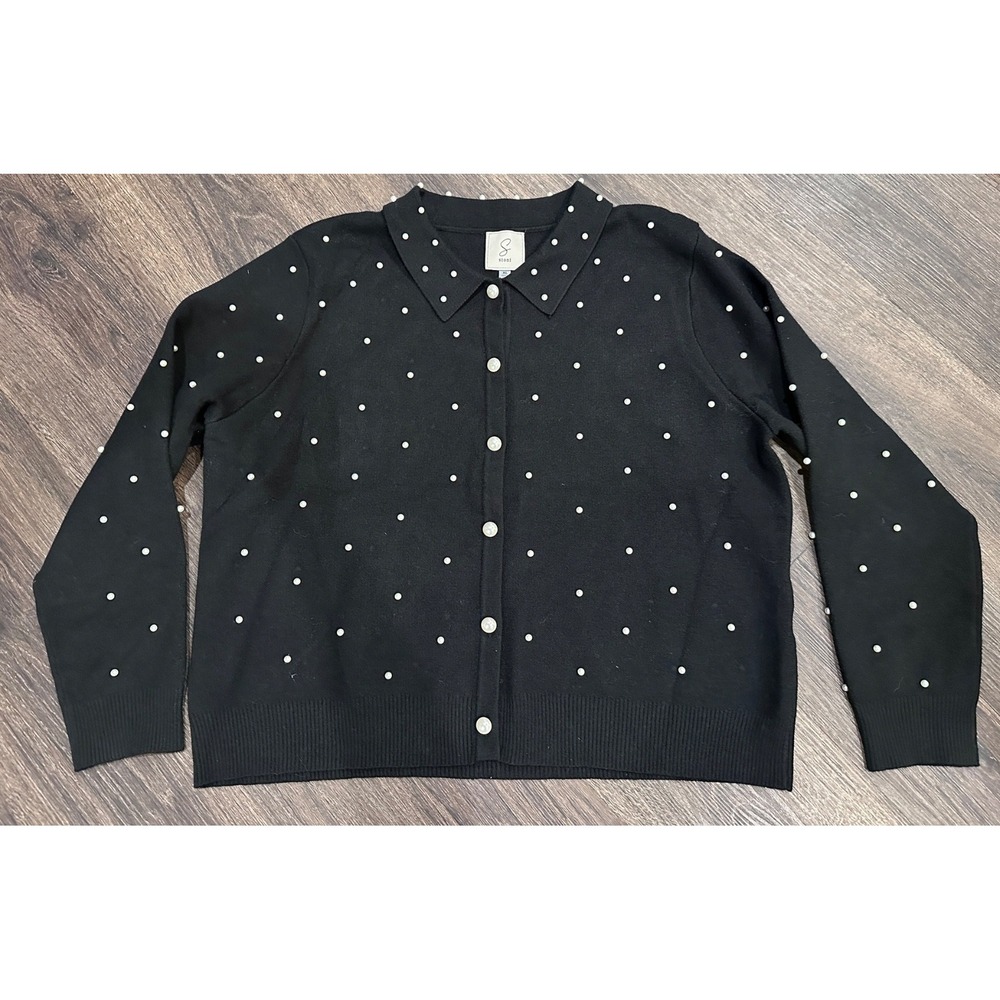 Black Pearl Cardigan XL Embellished Collared Knit Sweater Coquette Preppy NWOT - Picture 2 of 7